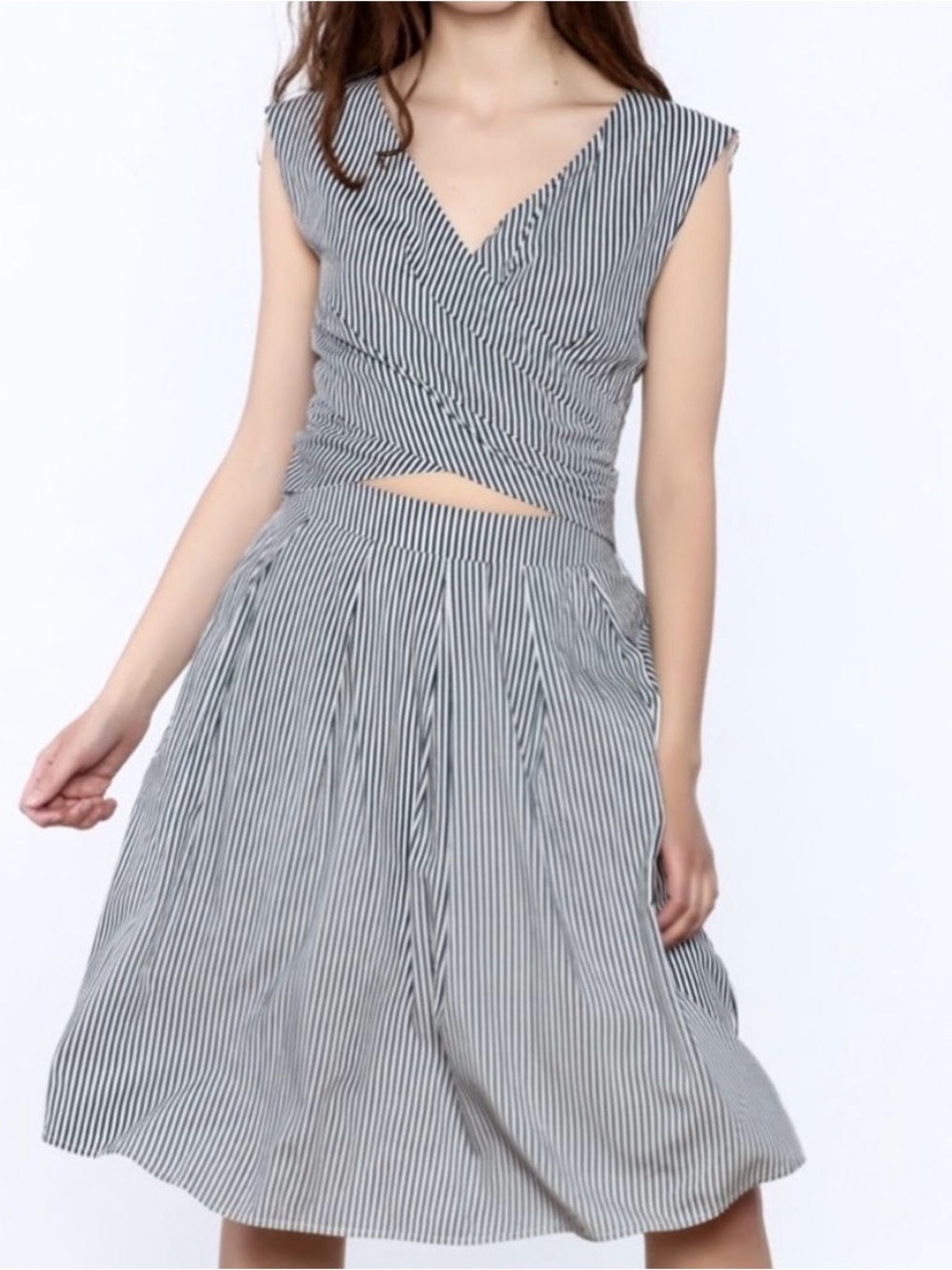 Doe & Rae Black and White Striped V-Waist Mini Dress